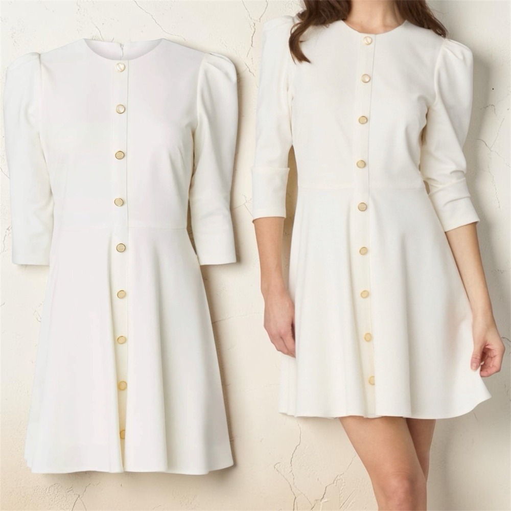 Shoshanna Audra Ponte Puff Sleeve Mini Dress Ivory Gold Button Career Chic‎ 6